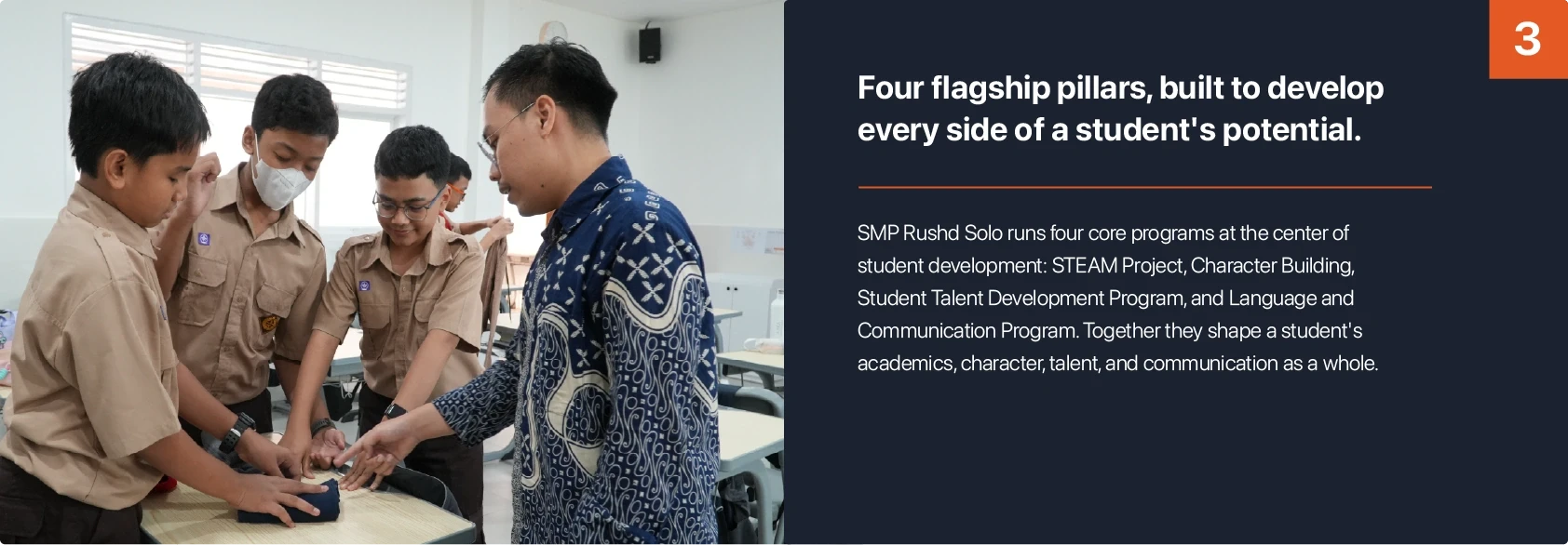 Kegiatan praktik siswa bersama guru. Four flagship pillars, built to develop every side of a student's potential: STEAM Project, Character Building, Student Talent Development Program, and Language and Communication Program.