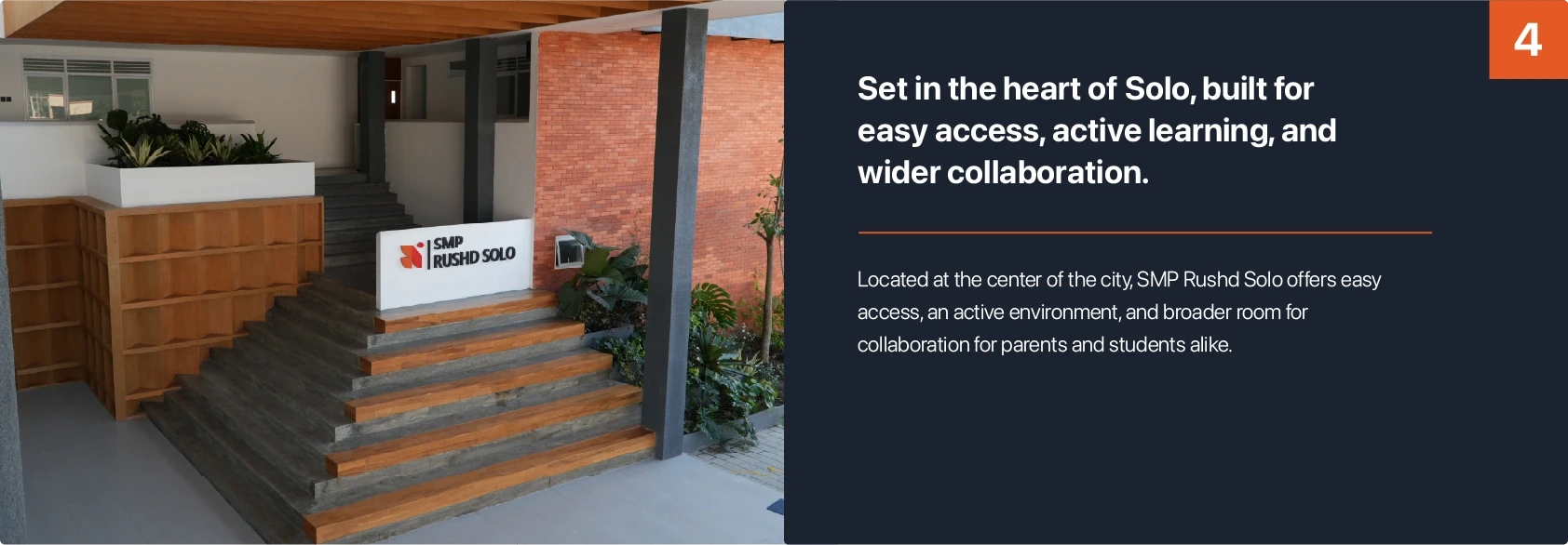 Gedung SMP Rushd Solo. Set in the heart of Solo, built for easy access, active learning, and wider collaboration.